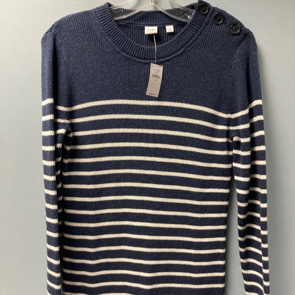 Gap Maternity Medium Navy Blue Stripe Button-shoulder Sweater NWT - Picture 1 of 6